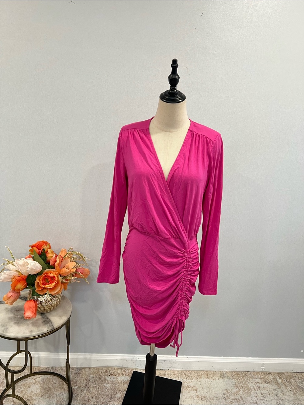 Royalty By Maluma Pink Faux Wrap Long Sleeves Ruched Short Cocktail Dress Size M